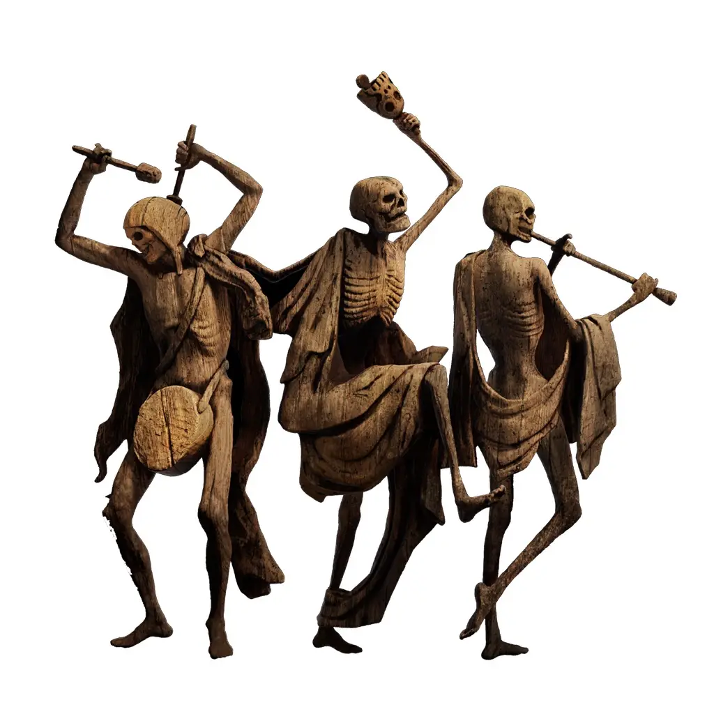 three wooden carved skeletons in dynamic dancing poses, each holding a different instrument: a drum, a scepter with a skull…