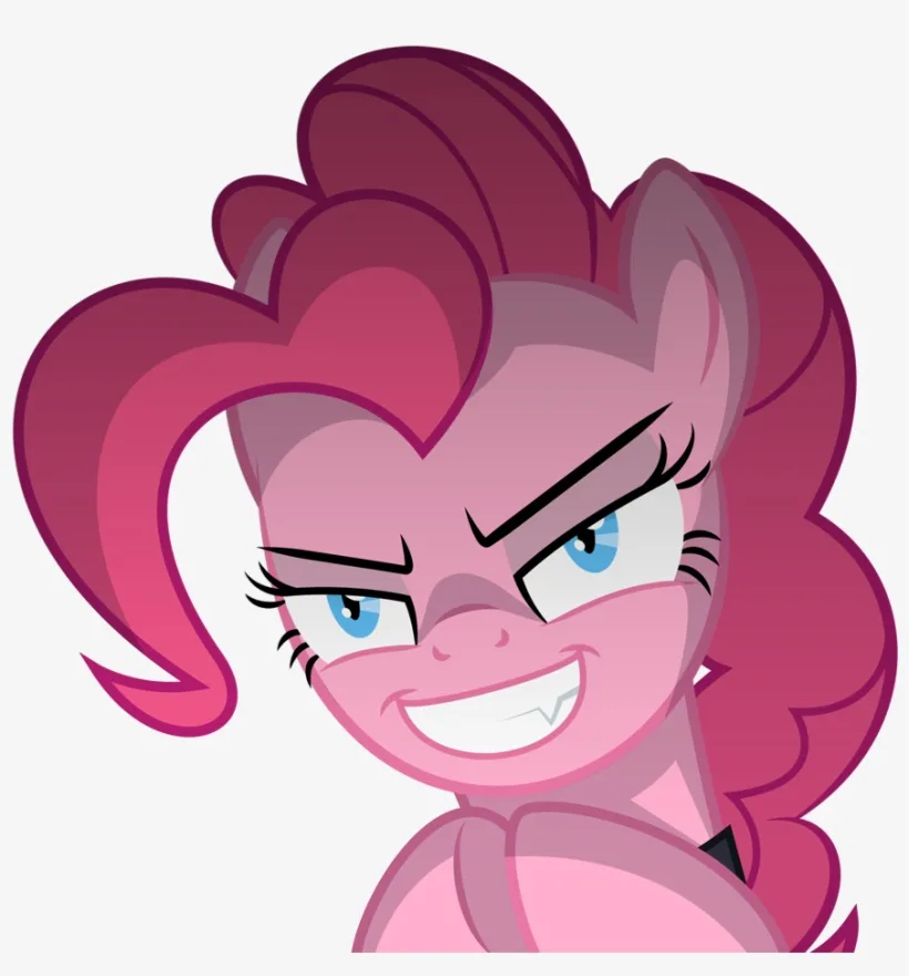 A close-up of the animated pink pony Pinkie Pie with a mischievous, angry expression, featuring narrowed eyes, a wide toothy…