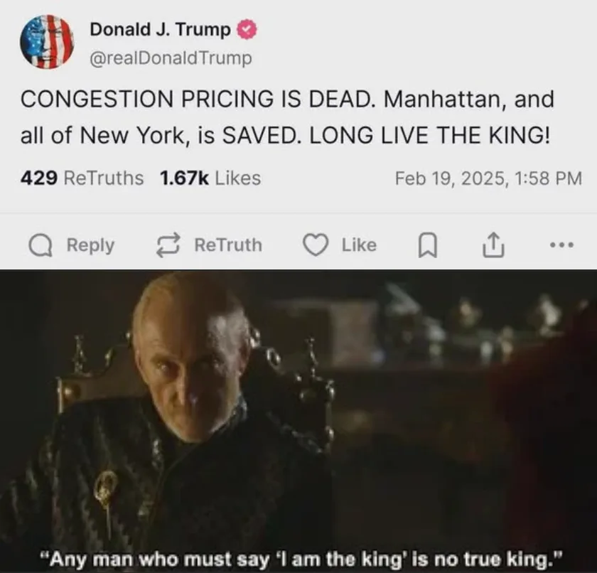 The image shows a screenshot of a fictional tweet from Donald J. Trump's account, which reads 'CONGESTION PRICING IS DEAD…