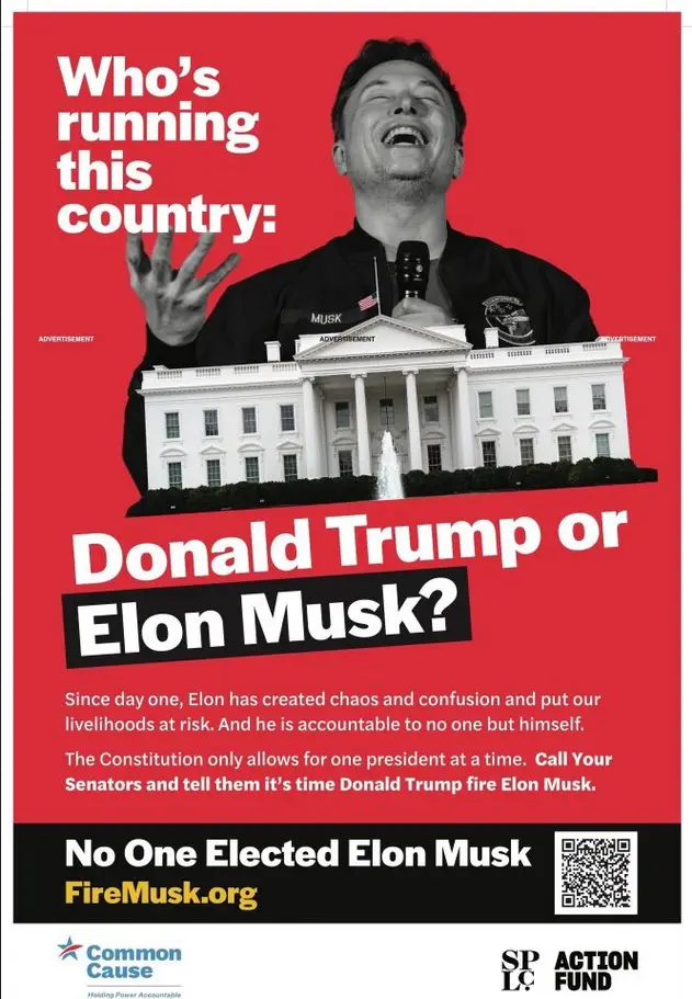 A red political-style advertisement features a black-and-white photo of Elon Musk laughing while holding a microphone, with…