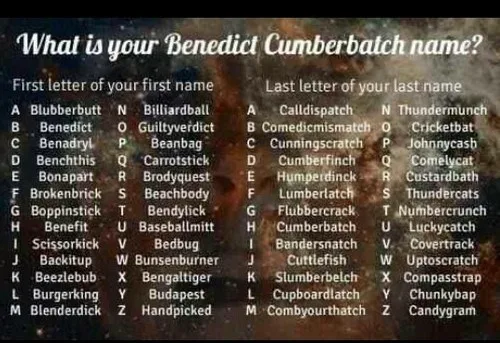 A chart titled 'What is your Benedict Cumberbatch name?' lists names based on the first letter of your first name and the…