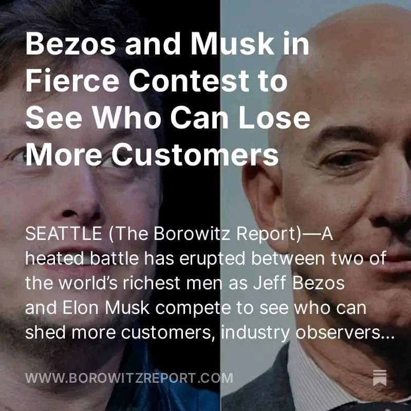 The image is a split-screen featuring close-up portraits of Jeff Bezos on the left and Elon Musk on the right. Overlaid text…