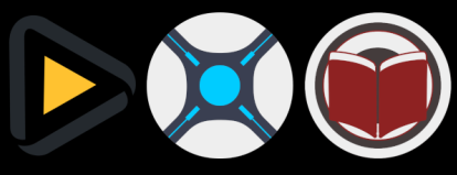Three icons are displayed side by side: a black play button with a yellow triangle, a white circular portal button with a…