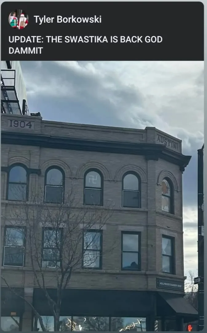 A screenshot of a social media post by Tyler Borkowski shows a brick building with '1904' and 'AUSTIN' on its facade. One of…