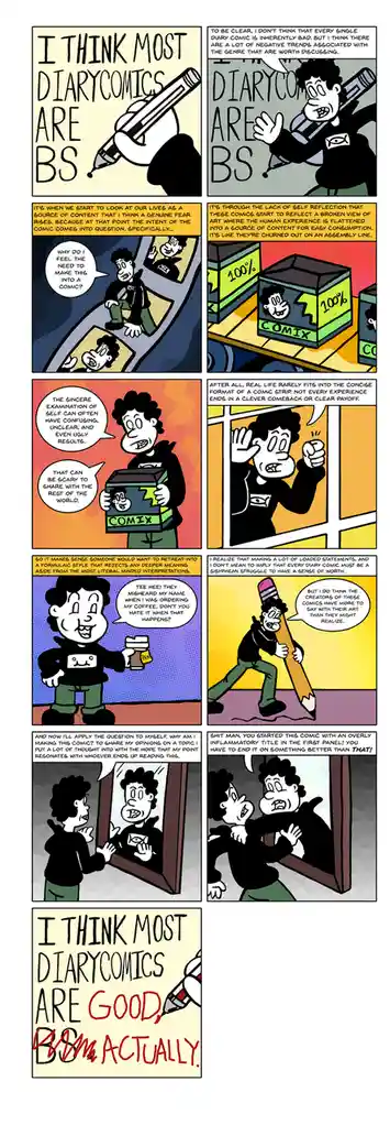 A comic strip where a character critiques diary comics, arguing they often lack self-reflection and turn real life into…