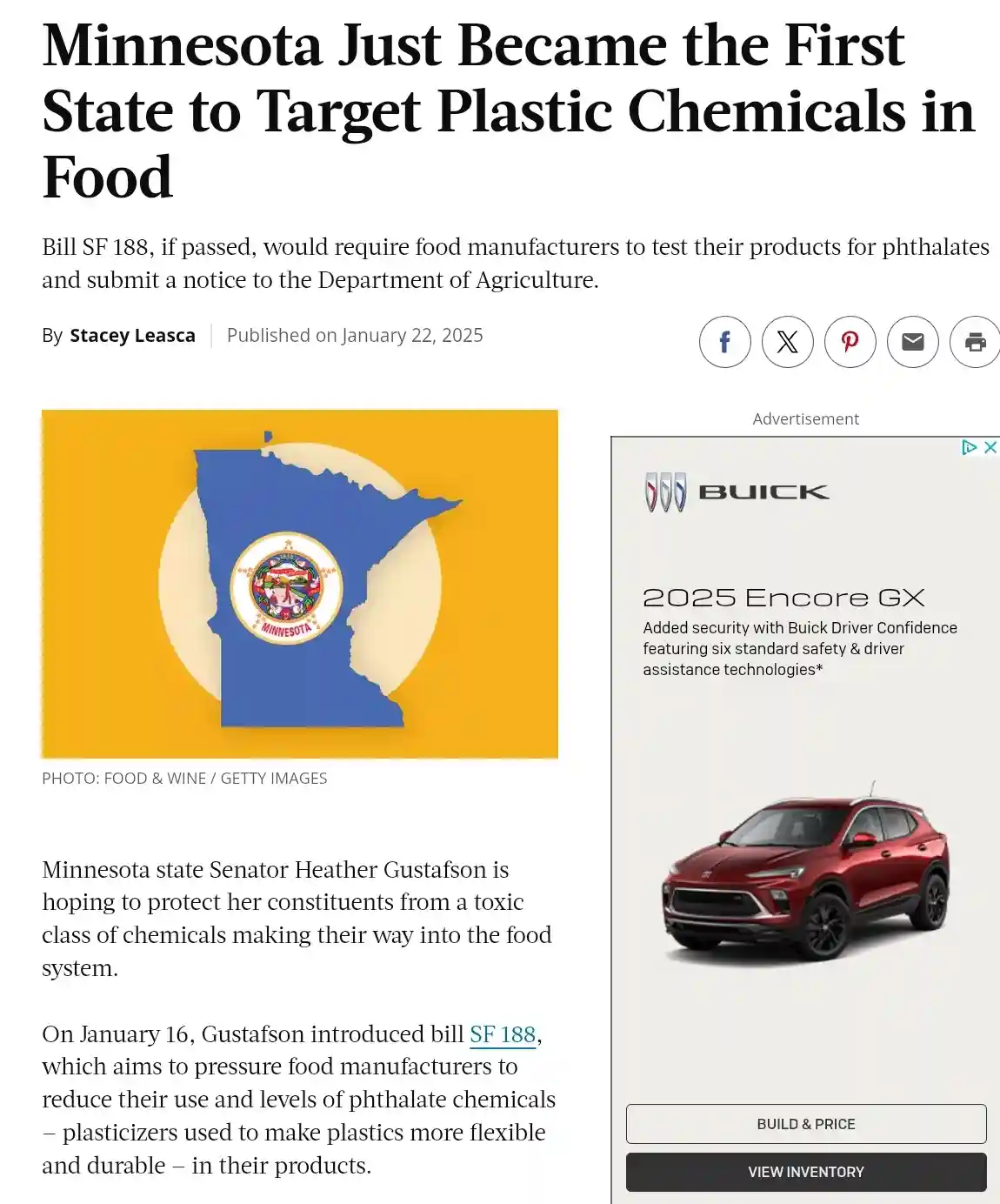 A screenshot of a news article about Minnesota's new law targeting plastic chemicals in food, featuring a graphic of the…