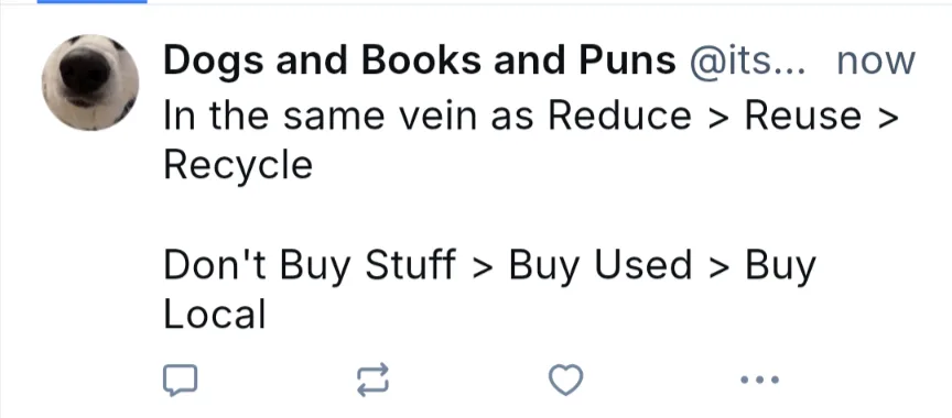 A screenshot of a tweet from 'Dogs and Books and Puns' showing text that mimics the 'Reduce > Reuse > Recycle'…