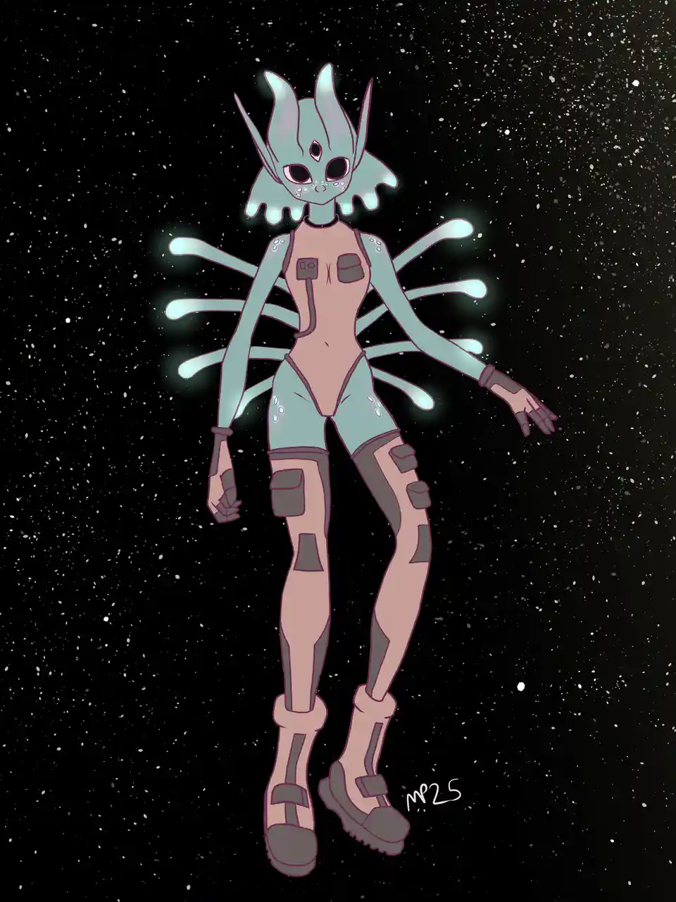 A stylized, light-blue alien with multiple glowing tentacles and large black eyes stands in a starry space background…