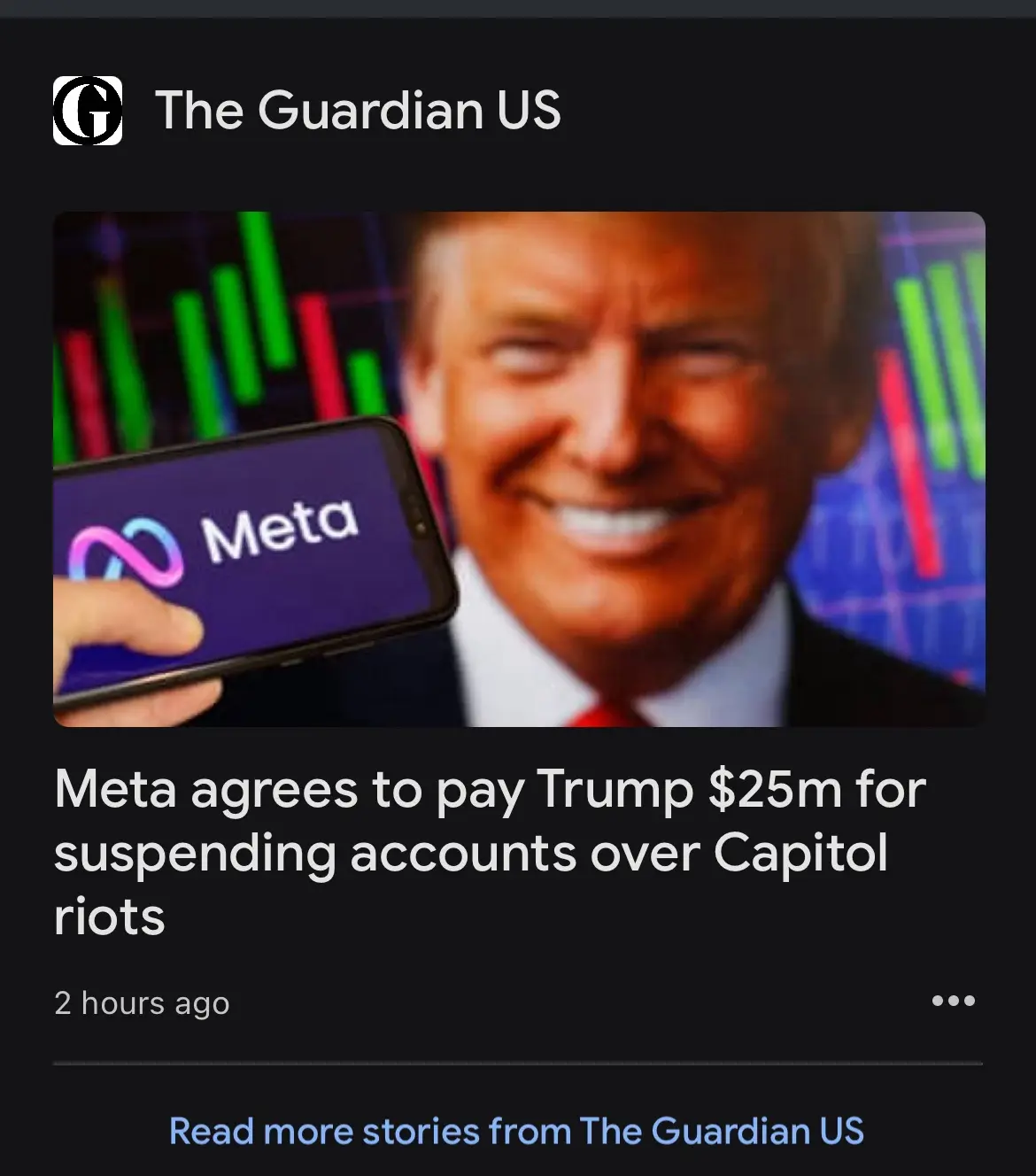 A screenshot of a The Guardian US news article headline reads 'Meta agrees to pay Trump $25m for suspending accounts over…