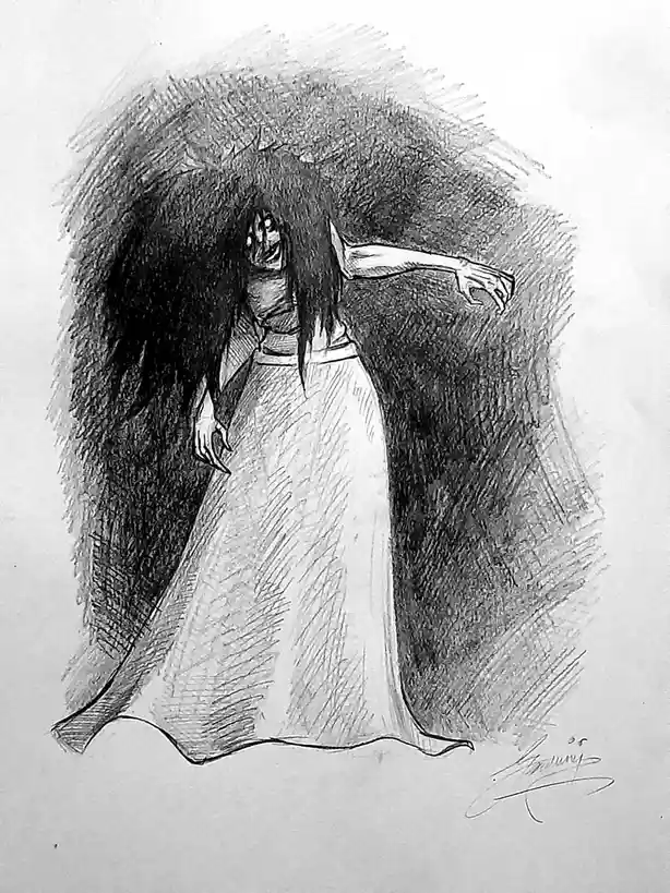 A black-and-white pencil sketch depicts a figure in a long white dress with long, dark, messy hair obscuring most of their…