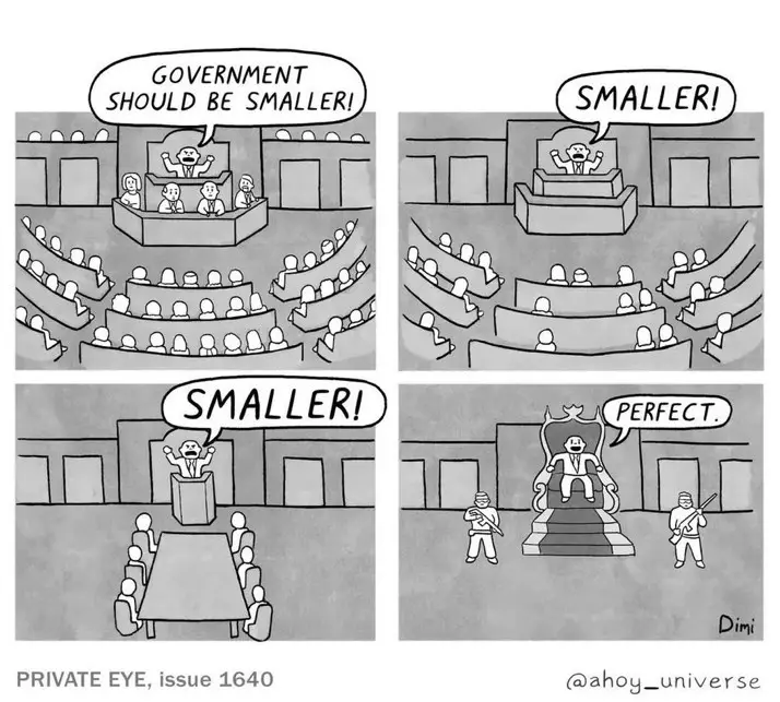 A four-panel black-and-white comic strip shows a politician in a legislative chamber shouting 'GOVERNMENT SHOULD BE…
