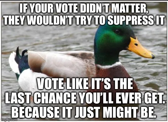 A mallard duck with a green head and yellow beak is floating calmly on water. Overlaid white text in bold, capitalized…