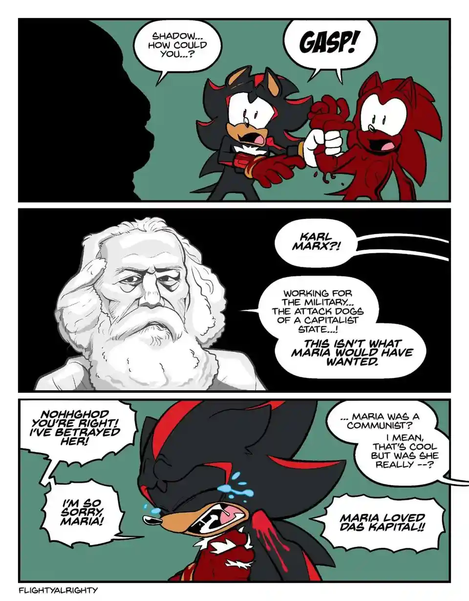 A three-panel comic strip featuring Sonic characters. In the first panel, Shadow the Hedgehog is shocked as Red Sonic holds…