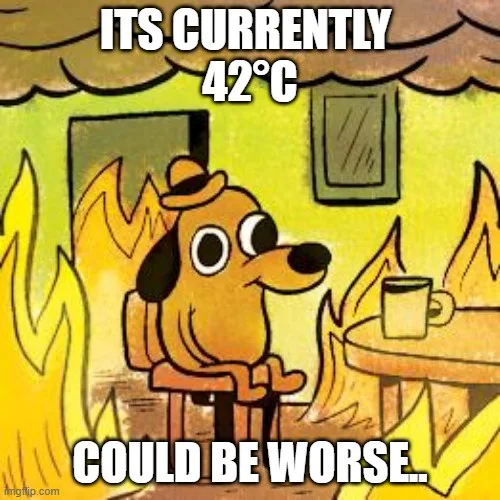 A cartoon dog wearing a hat sits calmly in a room engulfed in flames, holding a mug, with text stating 'ITS CURRENTLY 42°C'…