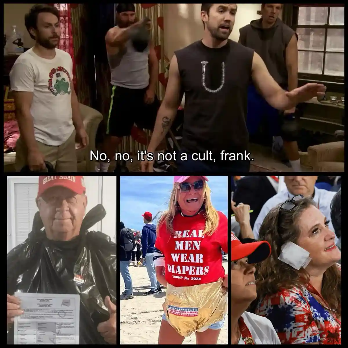 The top panel shows a scene from 'Brooklyn Nine-Nine' with Jake Peralta saying 'No, no, it's not a cult, frank.' The bottom…