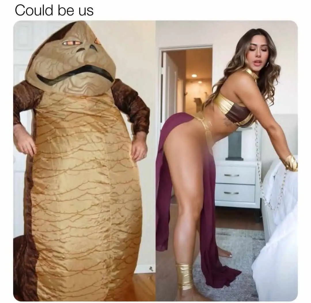 The image is split into two panels. The left panel shows a person in a full-body Jabba the Hutt costume, standing upright…