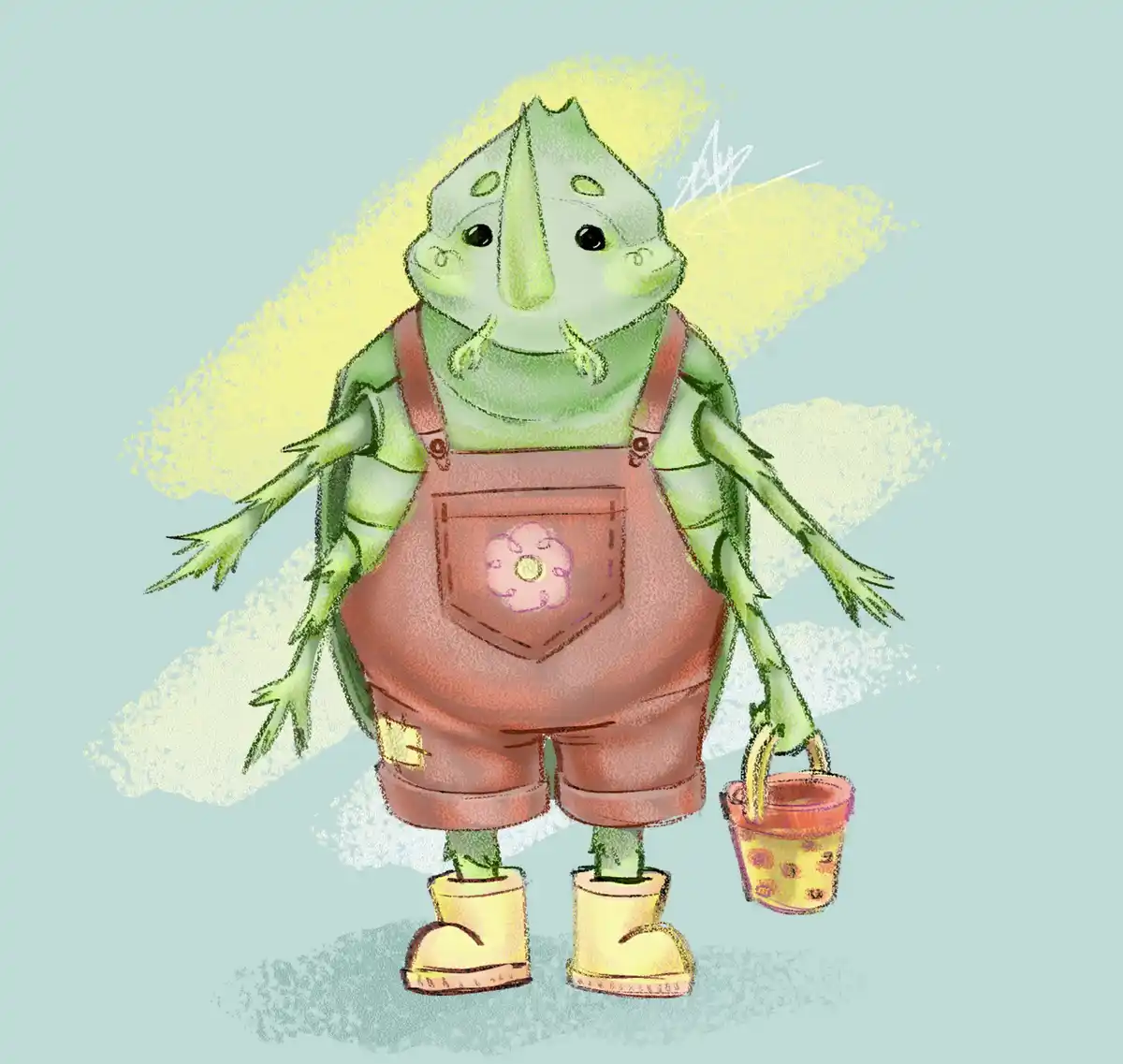 A cute, green, cartoonish monster with a leaf-like head and horns, wearing brown overalls with a pink flower patch and…