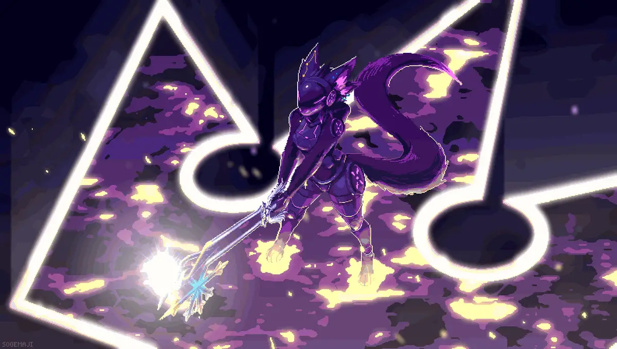The image shows a purple, fox-like character with long hair and a tail, standing on a stage with glowing musical notes in…