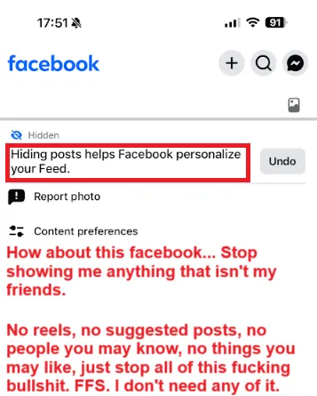 A screenshot of a Facebook mobile interface showing a red-boxed notification that says 'Hiding posts helps Facebook…