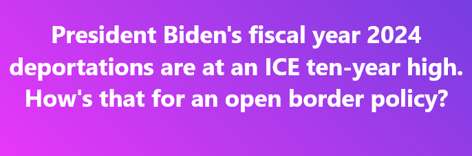 A solid purple gradient background with white text that reads: 'President Biden's fiscal year 2024 deportations are at an…