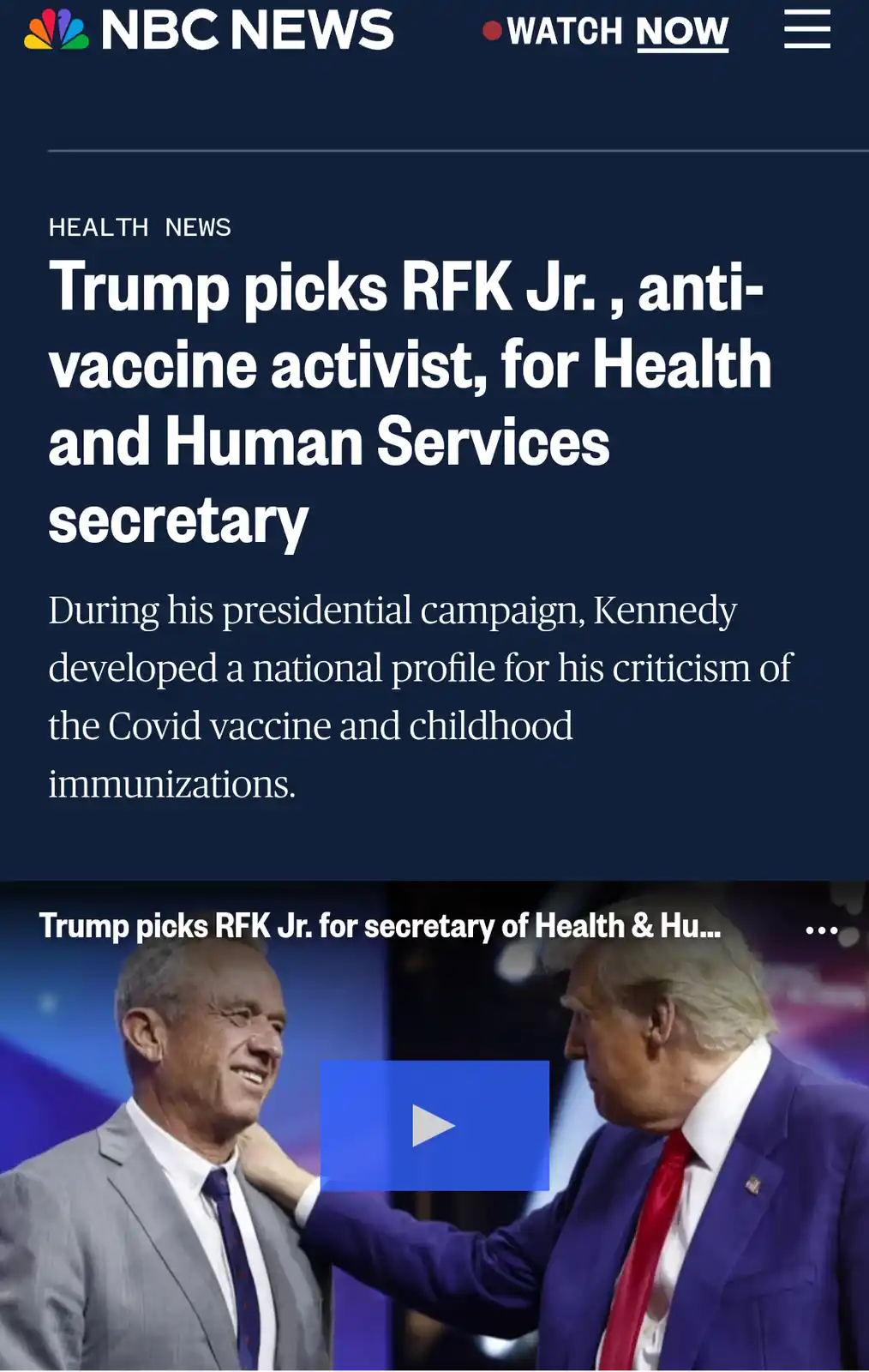 An NBC News article headline reads 'Trump picks RFK Jr., anti-vaccine activist, for Health and Human Services secretary,'…