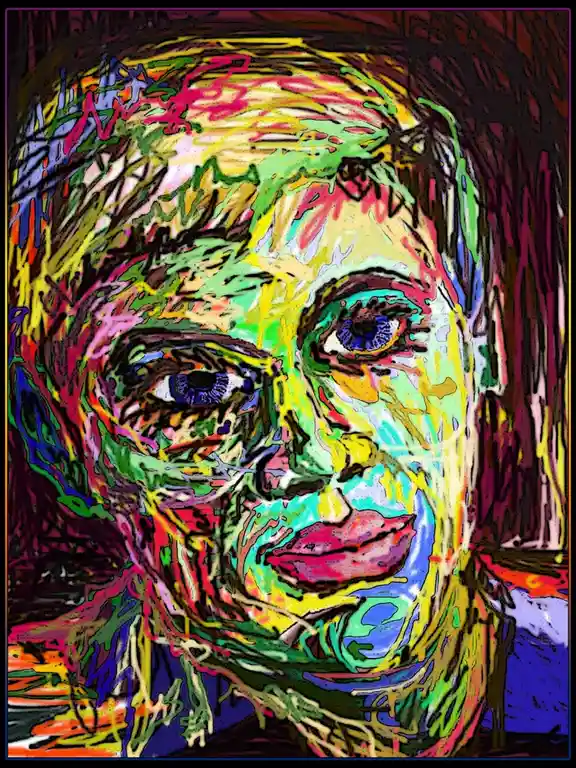 A highly stylized, colorful digital portrait of a person with intense blue eyes, rendered in a chaotic, abstract art style…