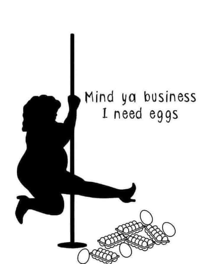 A black silhouette of a person performing a pole dance, with egg cartons and loose eggs scattered at their feet. The text…