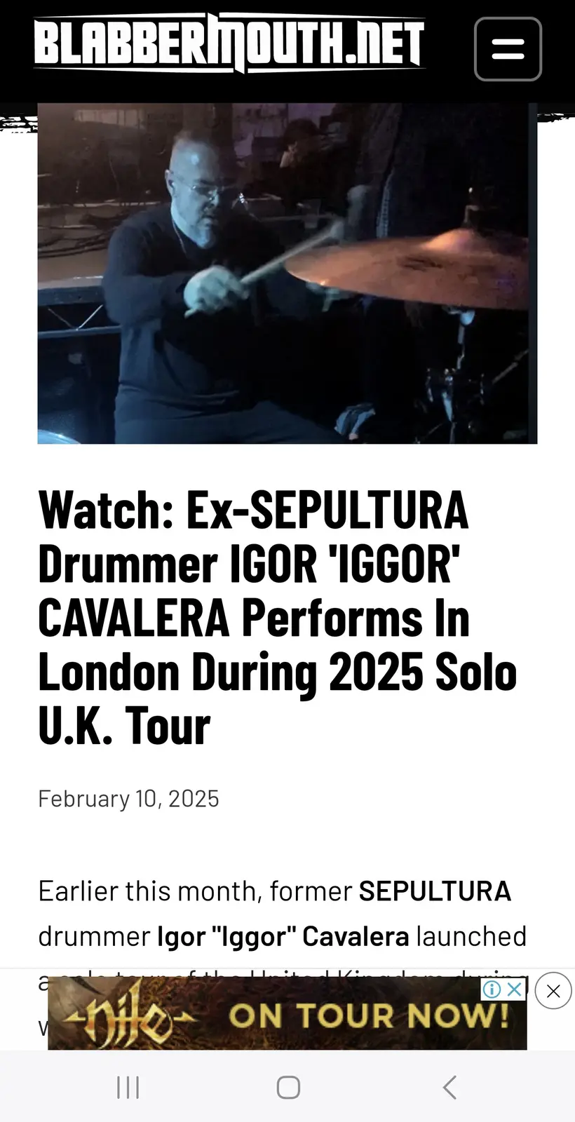 A screenshot of a Blabbermouth.net article dated February 10, 2025, featuring a photo of drummer Igor 'Igor' Cavalera…