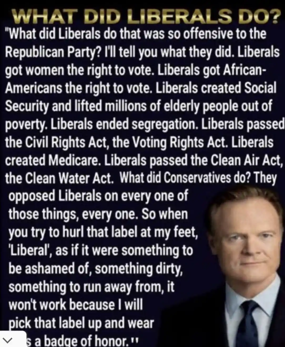 A dark background image features a man in a suit and tie, with large white text listing liberal achievements like women's…
