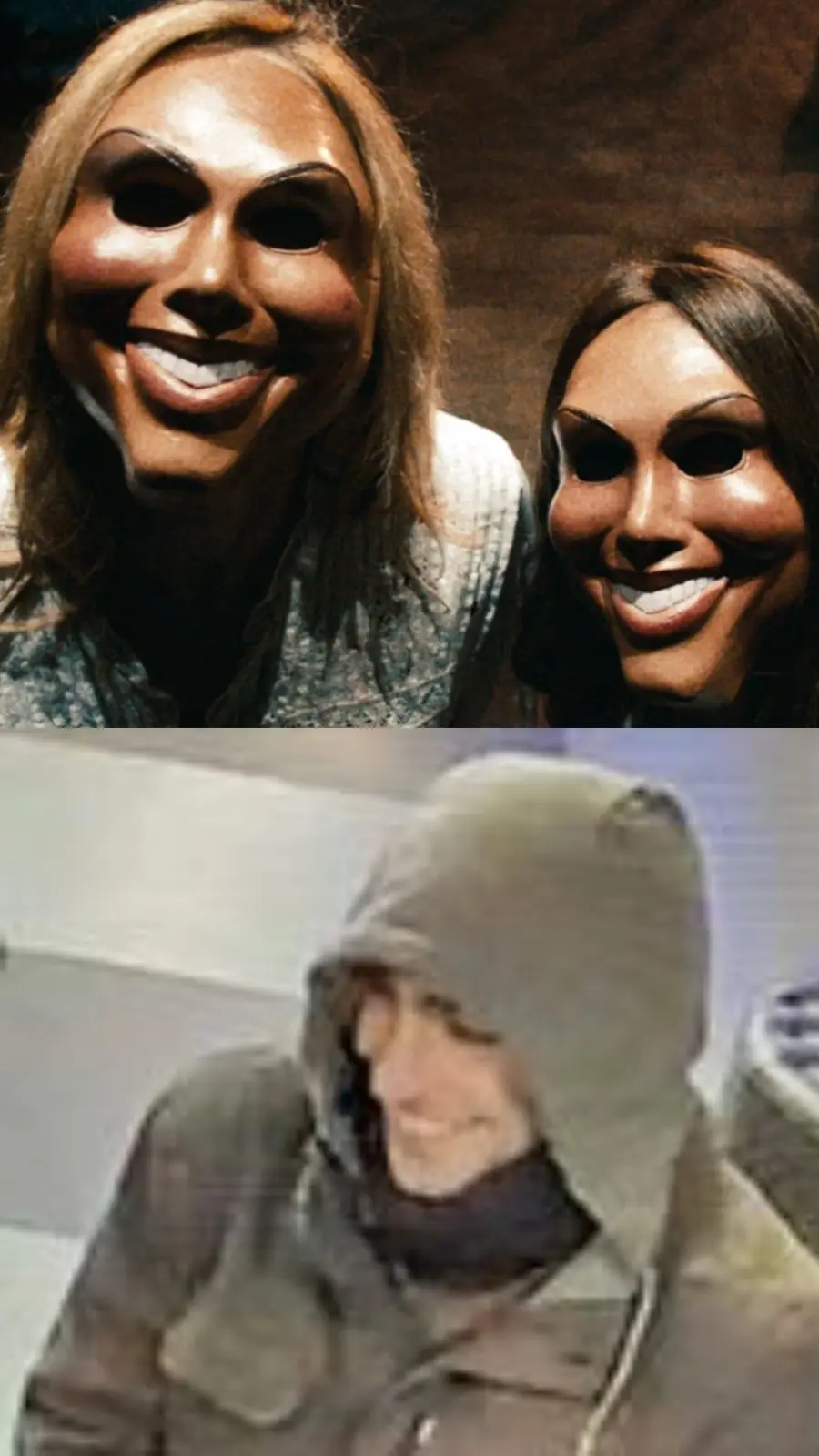 The top panel shows two people wearing identical, overly cheerful, plastic masks with large smiles and dark eye holes…