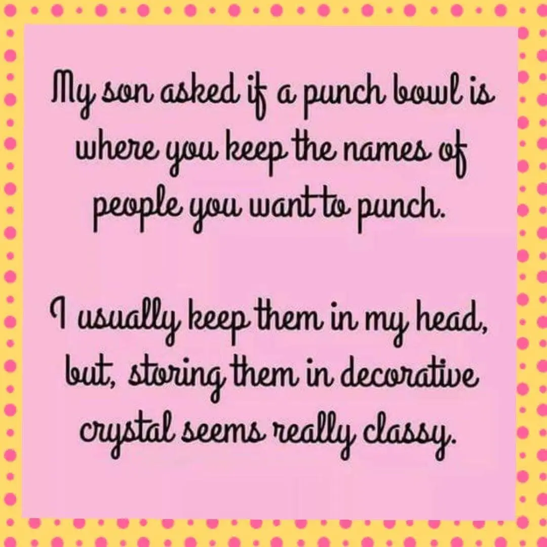 A pink square image with a yellow polka-dotted border contains black cursive text. The text reads: 'My son asked if a punch…