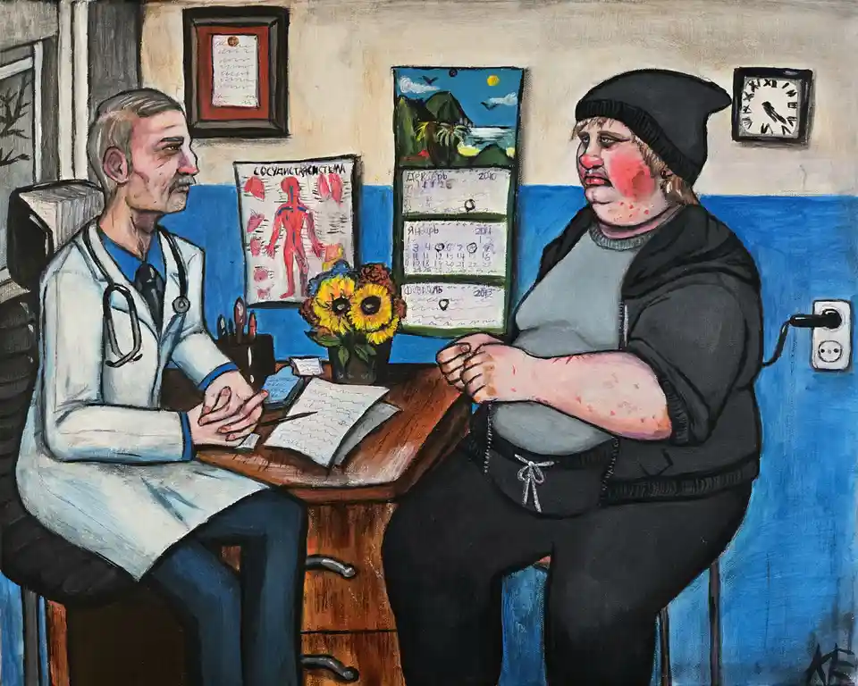 A painting depicts a doctor in a white coat with a stethoscope sitting across a desk from a visibly overweight patient…