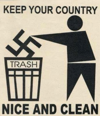 A black-and-white graphic shows a stylized human figure throwing a swastika into a trash can labeled 'TRASH'. The text above…