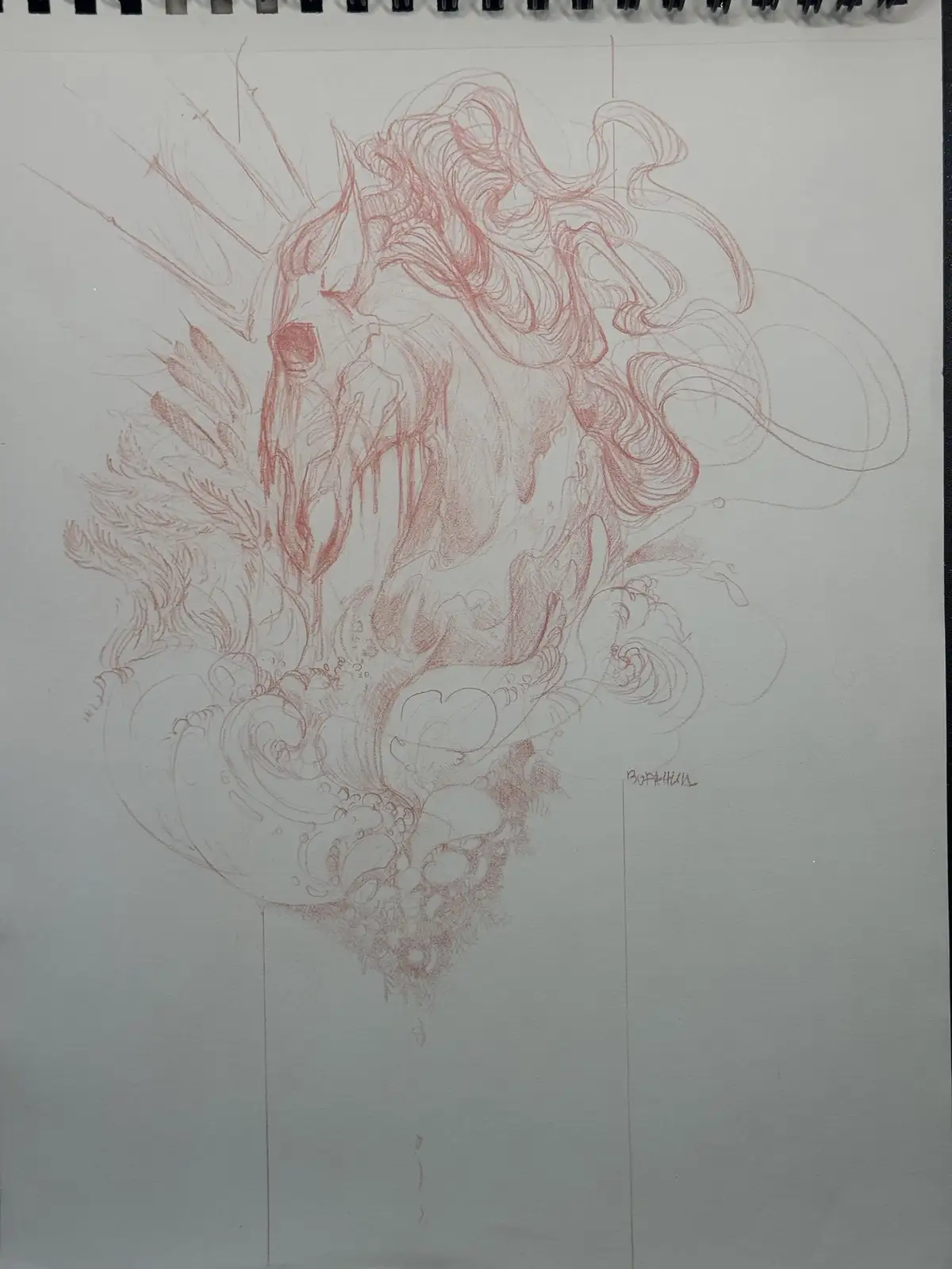 A red pencil sketch on white notebook paper shows a fantastical, flowing creature with long hair, wings, and ornate details…