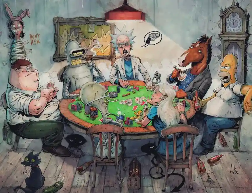 A group of animated characters including Rick Sanchez, Bender, Peter Griffin, Horseman, Homer Simpson, and a rabbit are…
