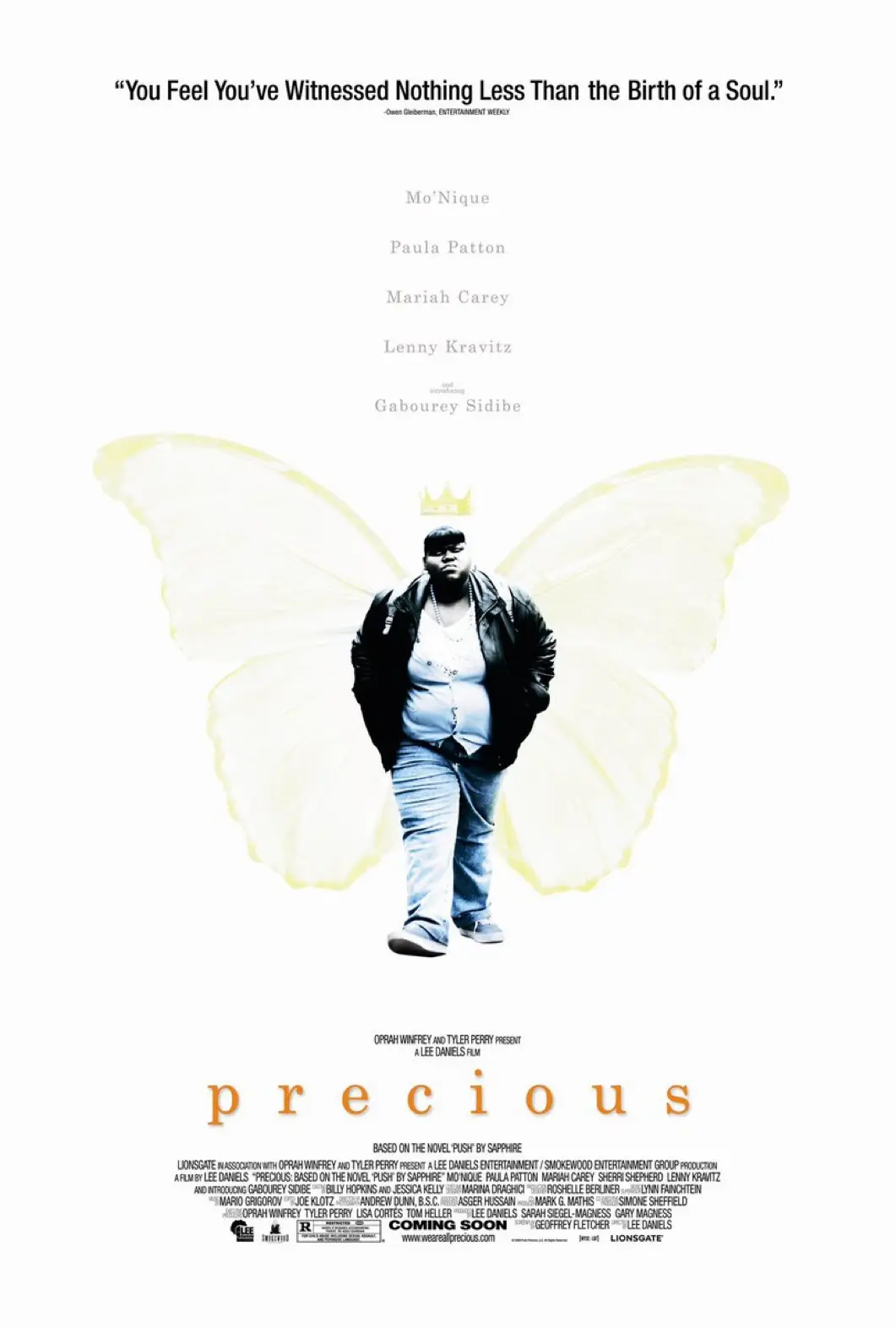 This is the movie poster for 'Precious,' featuring a central image of actress Gabourey Sidibe standing with large…
