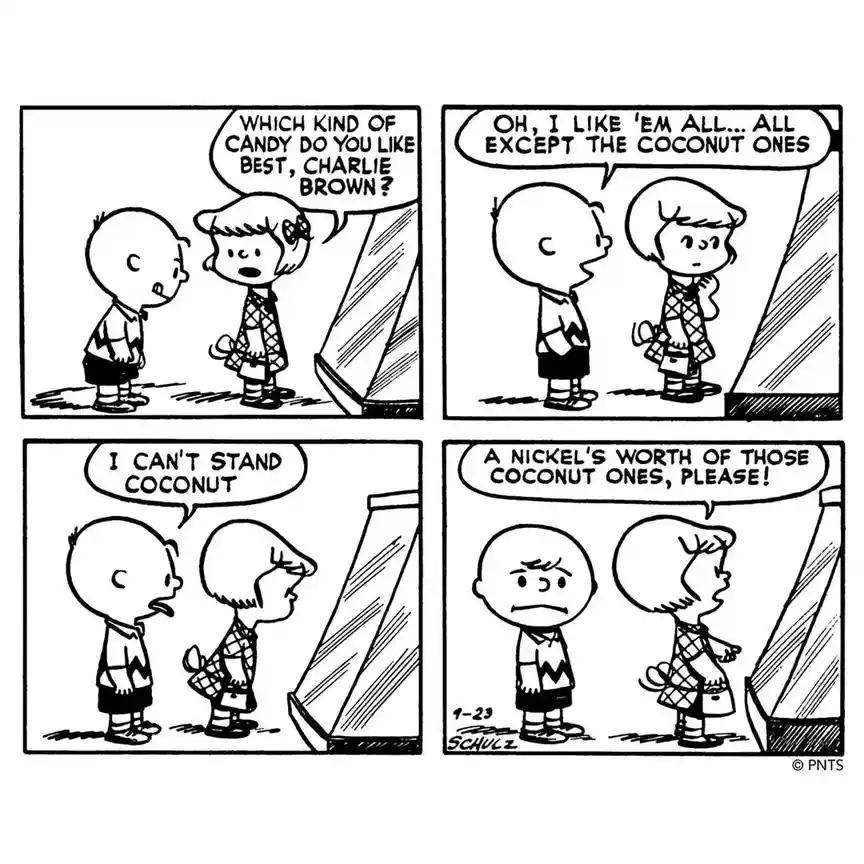 A four-panel black-and-white Peanuts comic strip shows Lucy asking Charlie Brown which candy he likes best. He says he…
