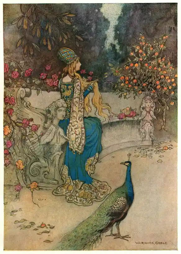 An illustration by Warwick Goble shows a woman in ornate blue and gold medieval-style clothing sitting on a stone bench in a…