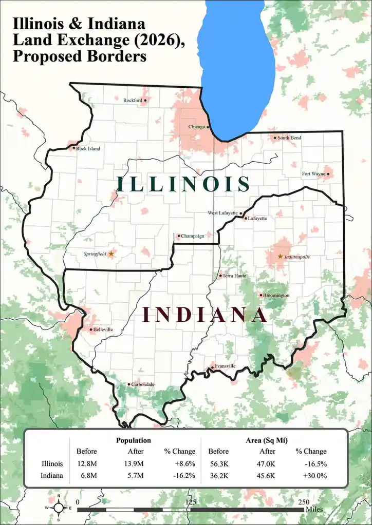 A map titled 'Illinois & Indiana Land Exchange (2026), Proposed Borders' shows a fictional border swap where Illinois gains…