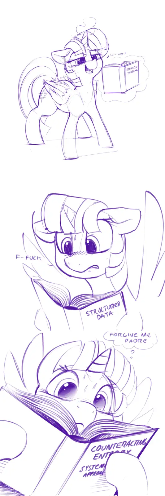 A purple-line sketch of a pony character reading increasingly complex technical books, starting with 'OPTIMIZED INDEXING'…