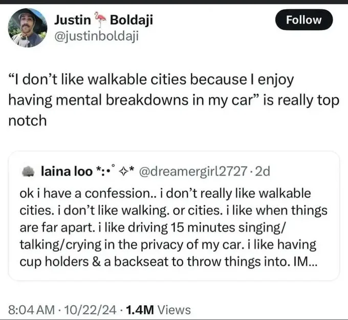 A screenshot of a Twitter post by Justin Boldaji, who comments on a tweet from 'laina loo' that confesses disliking walkable…