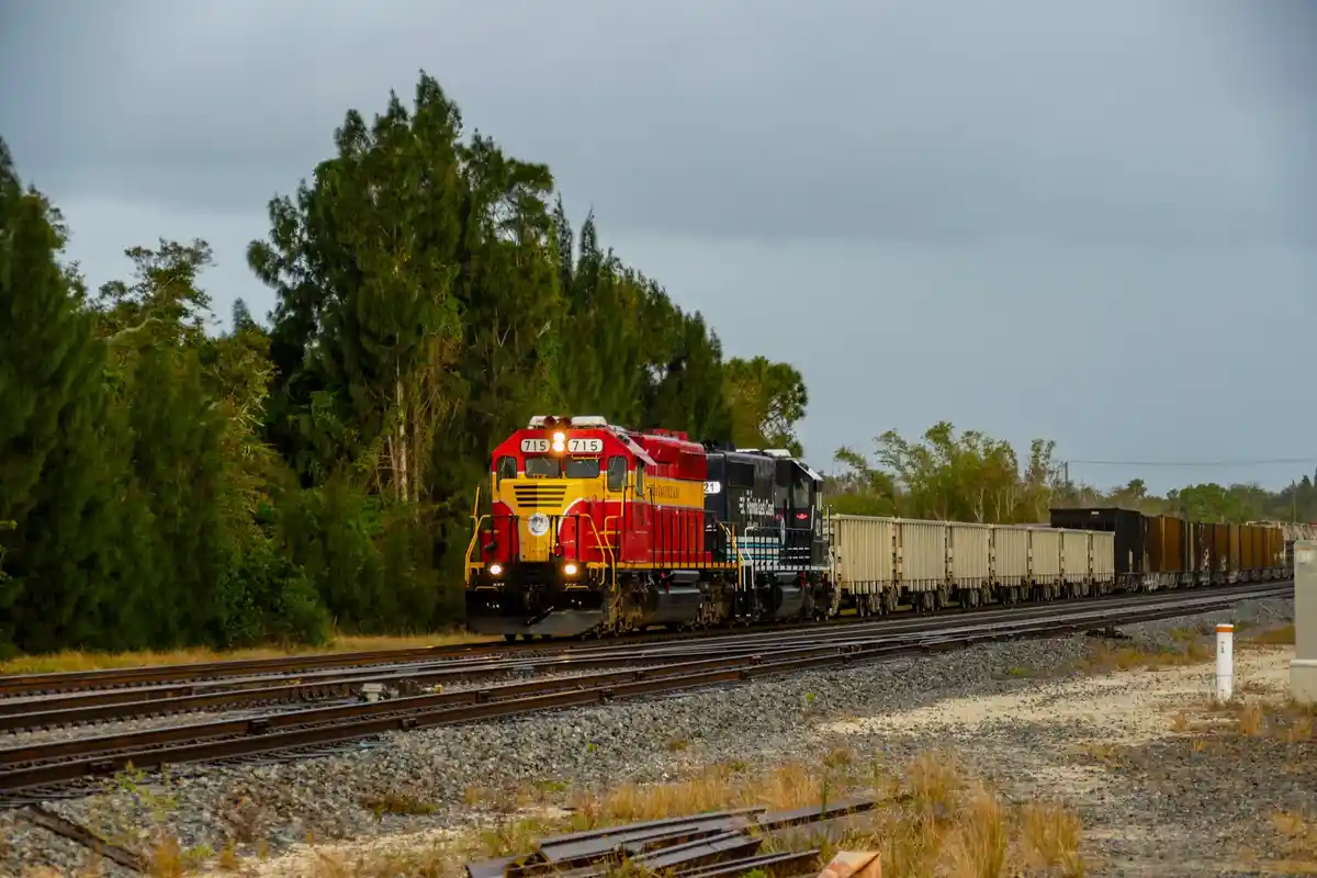 A red and yellow locomotive with number 715 on its front pulls a long freight train through a wooded area under an overcast…