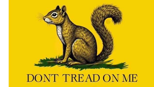 A cartoon illustration of a brown squirrel sitting upright on a patch of green grass against a solid yellow background. The…