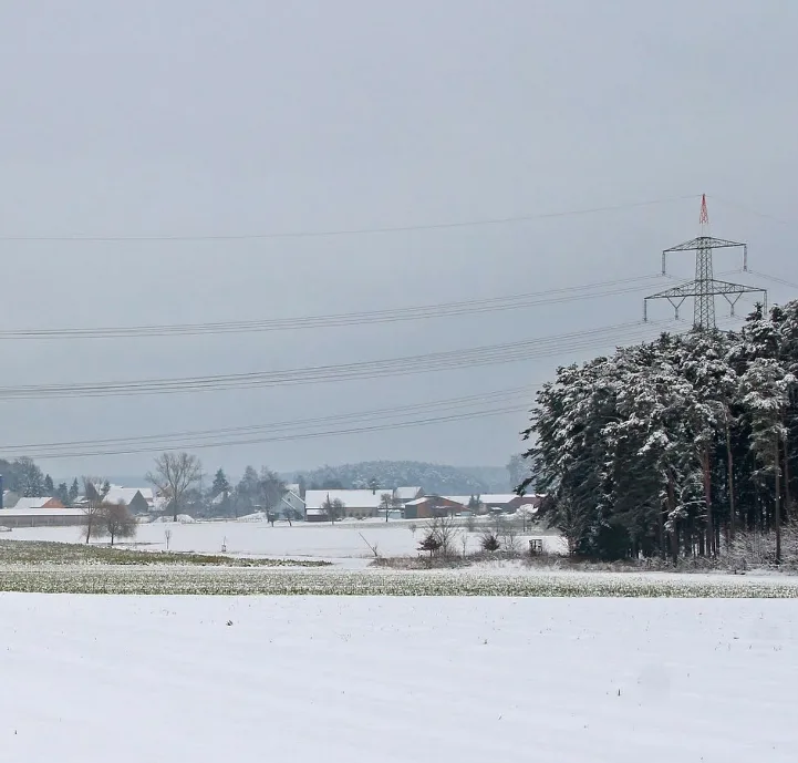 A snowy rural landscape with snow-covered fields, trees, and distant houses under an overcast sky, featuring a large…