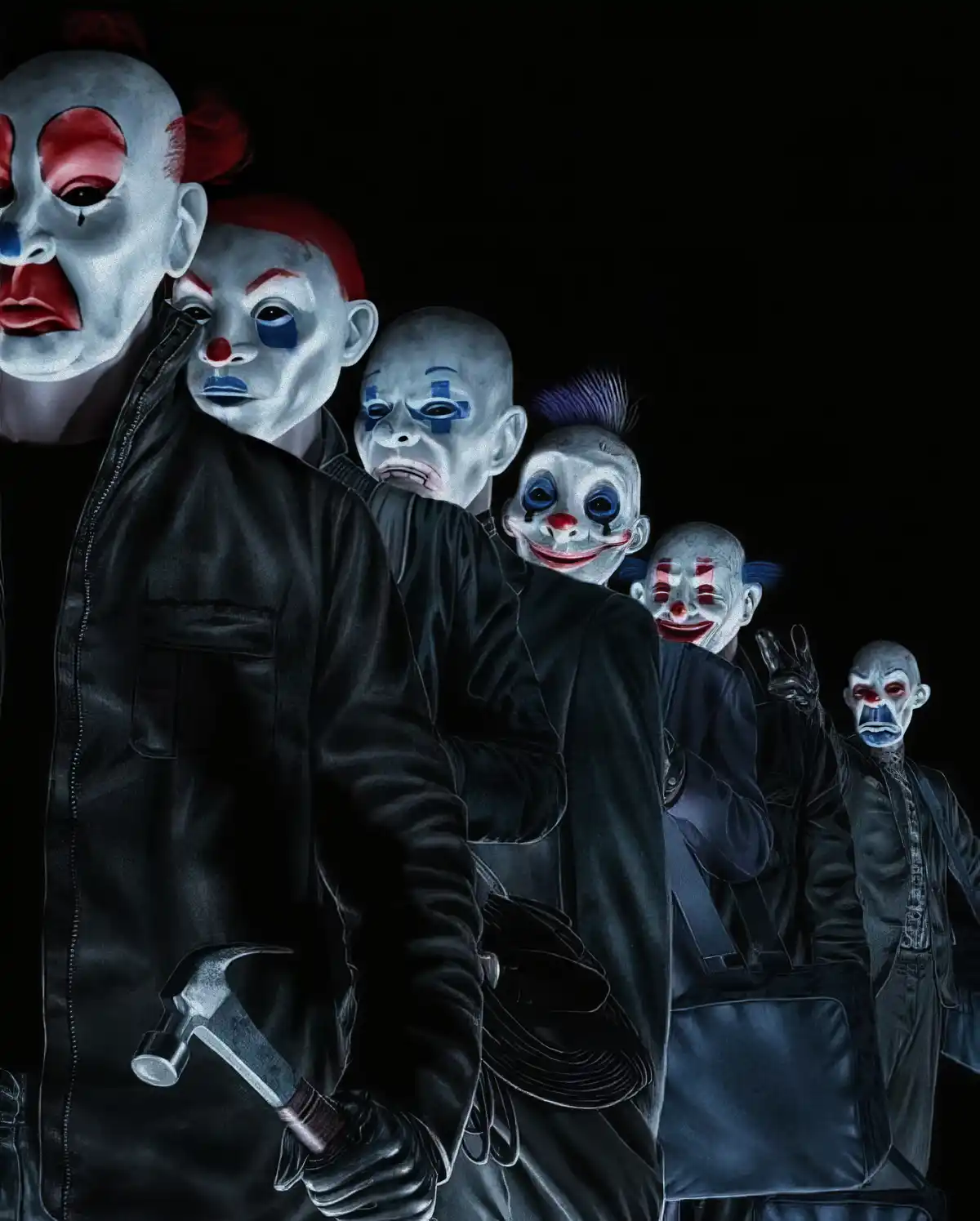 A lineup of six menacing clowns with pale makeup, red noses, and dark clothing stand against a black background. The clown…
