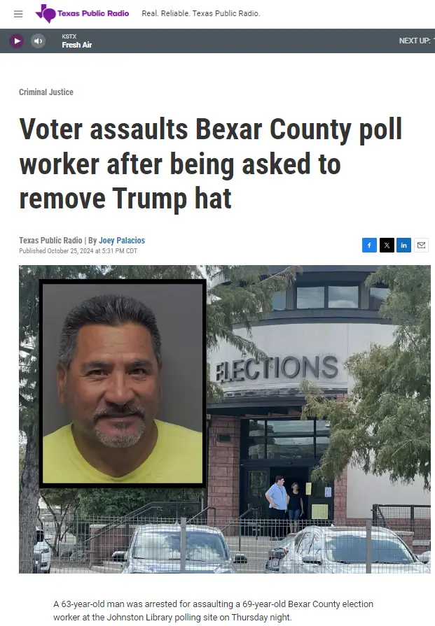 A news article screenshot from Texas Public Radio shows a mugshot of a man in a yellow shirt overlaid on a photo of an…
