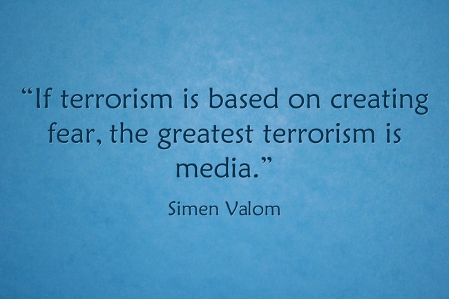 A solid blue textured background displays a quote in dark gray serif font. The quote reads: 'If terrorism is based on…