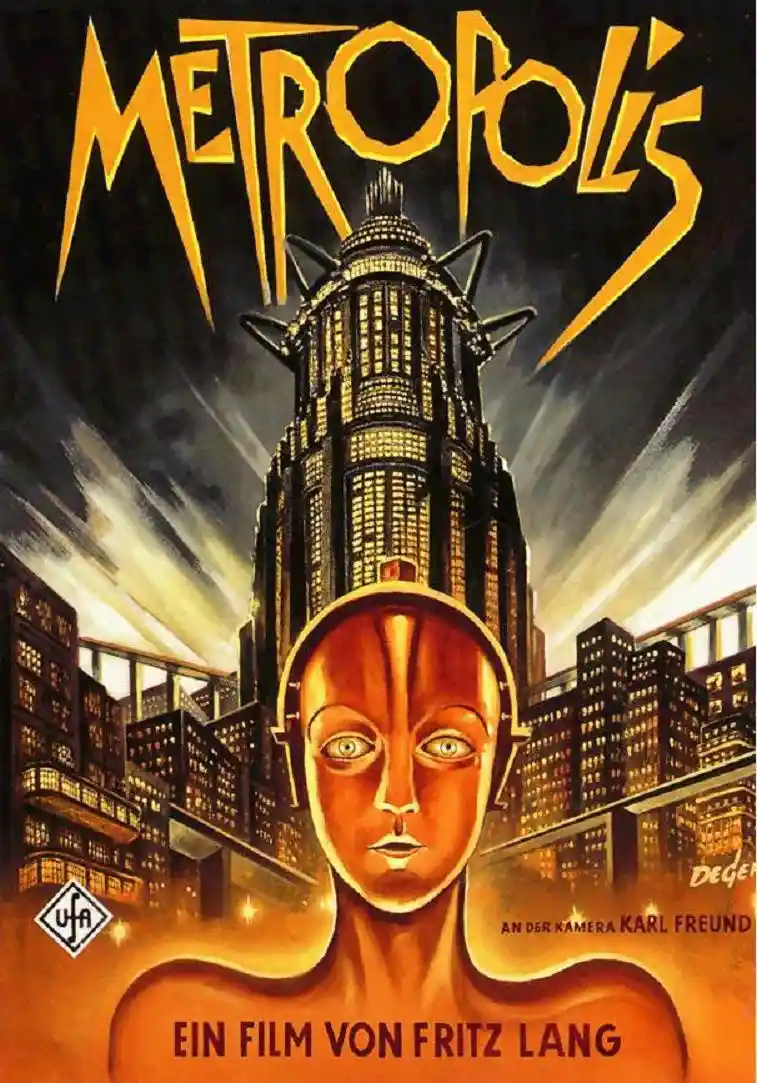 A vintage movie poster for the 1927 film 'Metropolis' by Fritz Lang, featuring a large, stylized robot head in the…