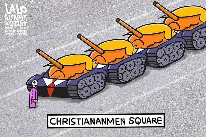 A cartoon depicts three tanks, each with a caricature of Donald Trump's head (orange hair, smiling) mounted on top, moving…