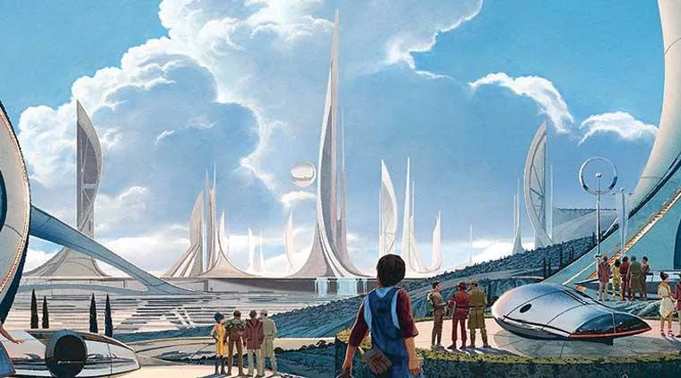 A vintage science fiction painting depicts a group of people in retro-futuristic attire standing in awe before a sprawling…